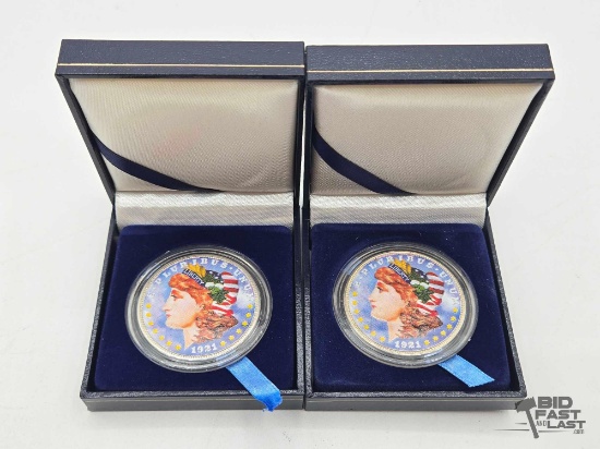 (2) 1921 Painted Morgan Silver Dollars