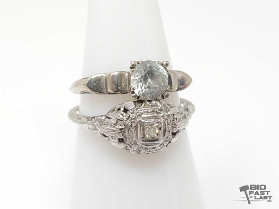 (2) 14k White Gold Rings with Diamond & Aqua Gemstone Center Rings, 3g