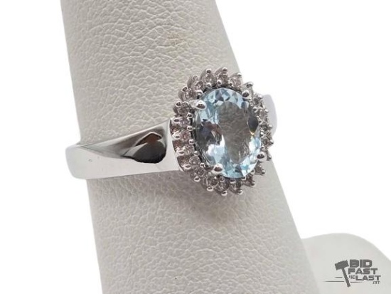 14k White Gold Aquamarine & Diamond Ring with Jewelry Summary Card, 3.81g