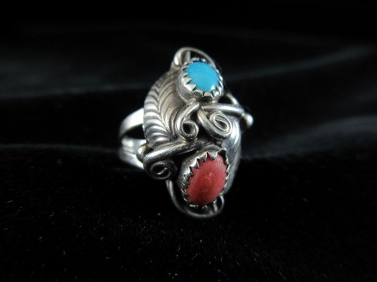 Turquoise and Coral Native American Sterling Silver Ring