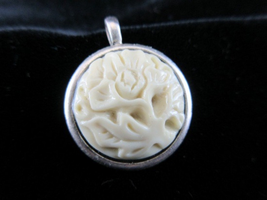 Hand Carved Center Piece Sterling Silver Pendant