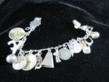 Sterling Silver Charm Bracelet with Many Charms