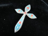 Turquoise and Coral Native American Sterling Silver Pendant