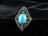 Antique Filigree Sterling Silver Turquoise Stone Ring