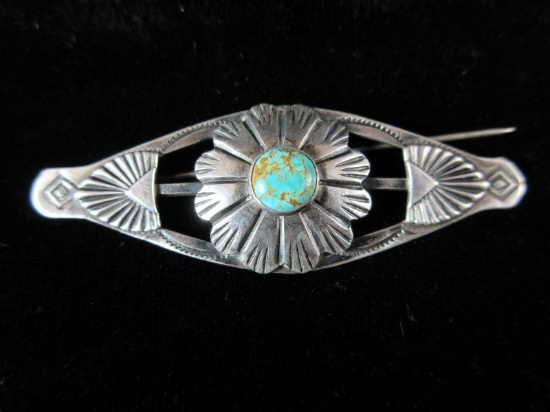 Vintage Native American Artisan Sterling Silver Turquoise Stone Pin