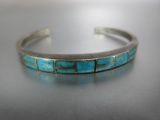 Antique Cast Sterling Silver Turquoise Stone Inlay Cuff Bracelet
