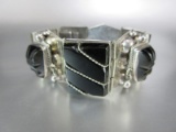 Old Vintage Mexico Black Onyx Scarab Sterling Silver Bracelet