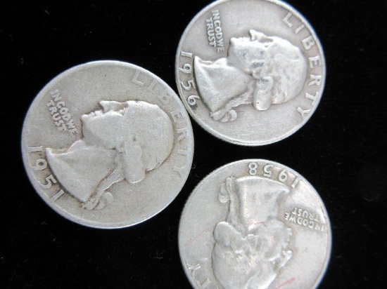 1956D,1951,1958D Silver Quarter Dollars
