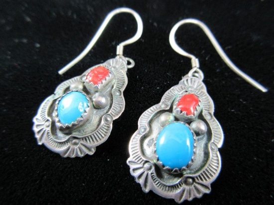 Native American Hand Made by RB Sterling Silver Coral and Turquoise Stone V