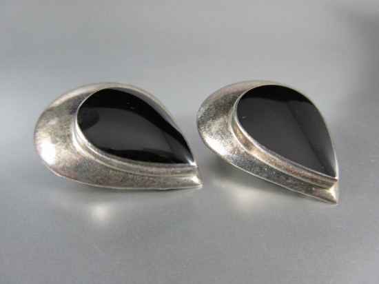 Black Onyx Stone Sterling Silver Vintage Earrings