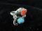 Coral and Turquoise Stone Sterling Silver Vintage Ring