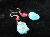 Coral and Turquoise Stone Sterling Silver Earrings