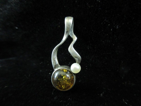 Amber and Pearl Sterling Silver Pendant