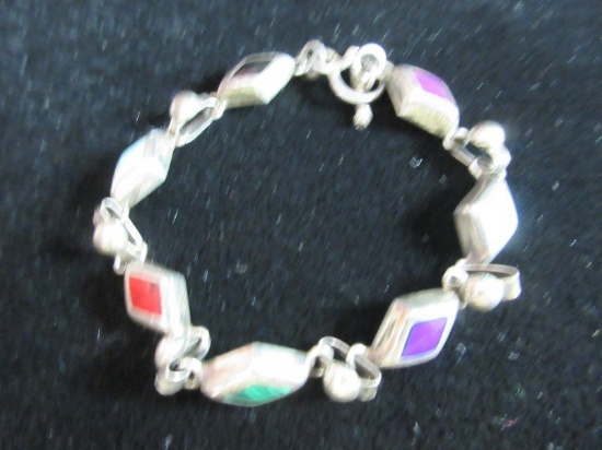 Old Vintage Mexico Sterling Silver Natural Stone Inlay Bracelet