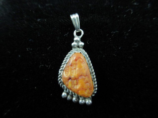 Large Coral Stone Sterling Silver Pendant