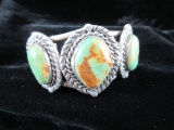 Three Turquoise Stone Signed OO Sterling Silver Native American Cuff Bracel