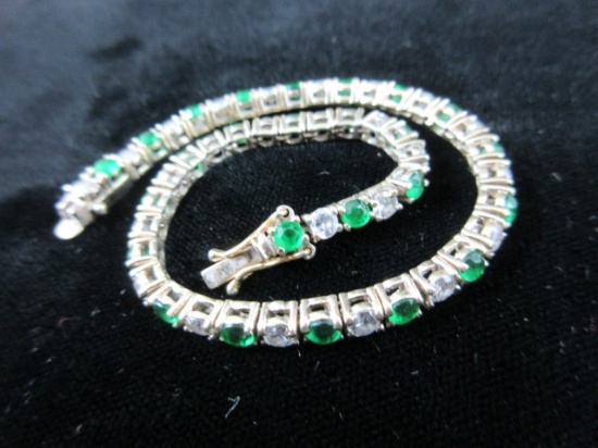 Green and White Stone .925 Silver Tennis Bracelet