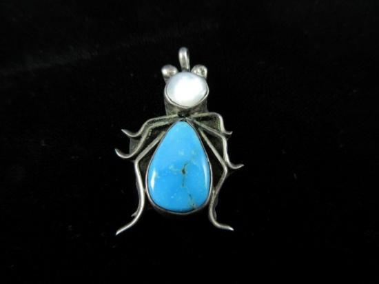 Artisan Sterling Silver Bug Themed Turquoise Stone Pendant