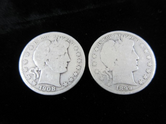1908 O and 1899 Barber Silver Half Dollar Coins