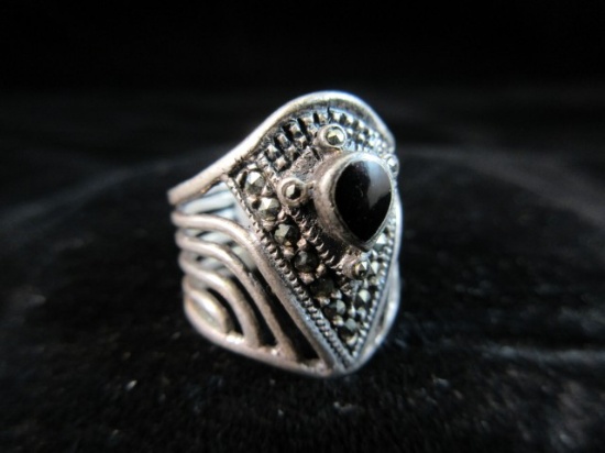 Black Onyx Sterling Silver Merkasite Accent Ring