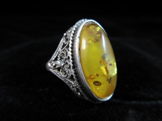 Large Natural Amber Stone Sterling Silver Ring