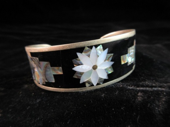 Vintage Alpaca Silver inlay Cuff Bracelet