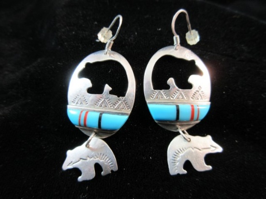 Vintage Signed Native American Turquoise Stone Bear Themed Earrings