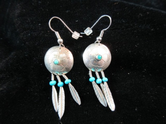 Native American Vintage Feather Dangle Earrings Turquoise Stone