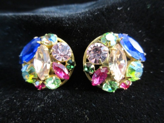 Vintage Regency Multi Color Rhinestone Earrings