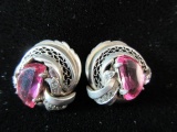 Vintage Clip Type Sterling Silver Pink Gemstone Earrings