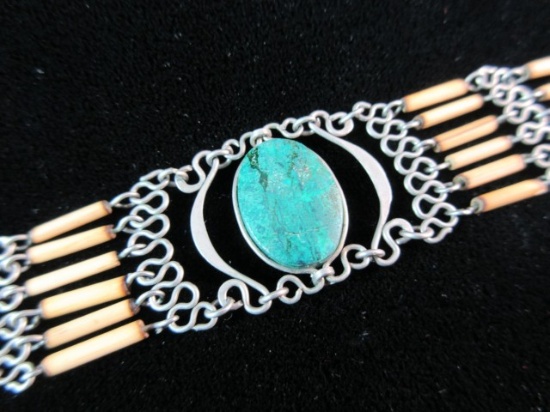 Turquoise Stone Sterling Silver Tribal Bead Bracelet. Or 14” Choker Necklac