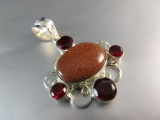 Gold Stone and Garnet Stone Sterling Silver Pendant