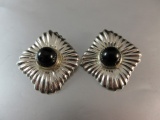 Vintage Large Clip On Sterling Silver Old Mexico Earrings with Black Center