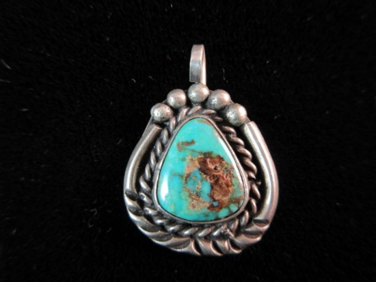 Vintage Native American Turquoise Stone Sterling Silver Pendant