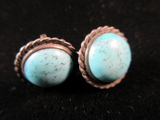 Vintage Turquoise Stone Sterling Silver Twist Back Earrings