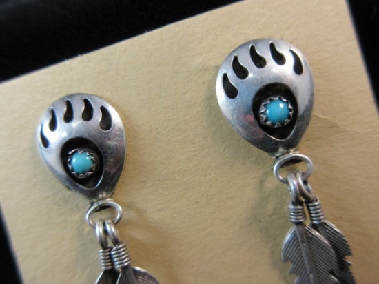 Vintage Native American Bear Paw Shadow Box Sterling Silver Earrings