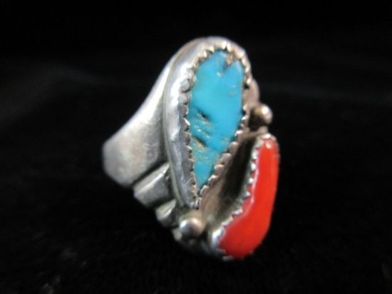 Old Pawn Native American Coral & Turquoise Sterling Silver Ring