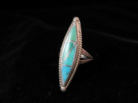 Vintage Elongated Turquoise Stone Inlay Sterling Silver Ring