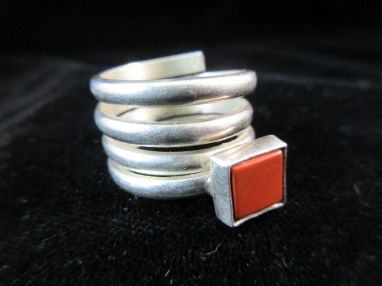 Sterling Silver Natural Red Stone Ring Signed DDD