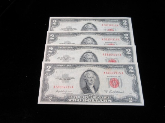 Lot of 1953 red seal 3 consecutive number 2.00 bills