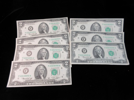 Lot of Consecutive Numbered 2.00 Bill Lot of 7