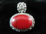 Red Center Stone Sterling Silver Pendant Has Hairline Crack on the side See