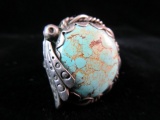 Large Turquoise Stone Sterling Silver Vintage Ring Signed EP
