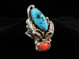 M.S. Sterling Turquoise and Coral Native American Ring