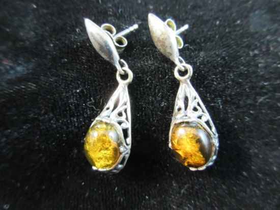 Vintage Poland Amber Stone Sterling Silver Dangle Earrings