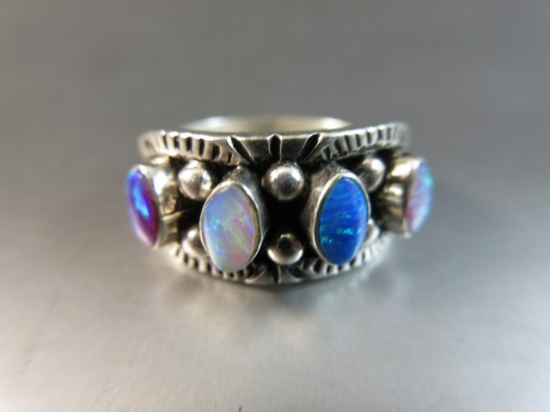 Vintage Opal Inlay Sterling Silver Native American Ring Signed TS