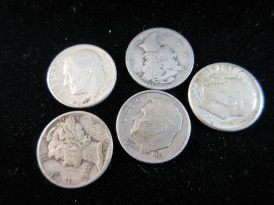 Lot of 5 Silver Dimes Incl. Mercury Dimes