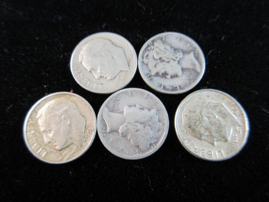 Lot of 5 Silver Dimes Incl. Mercury Dimes