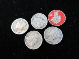 Lot of Five Mercury Dimes as Shown