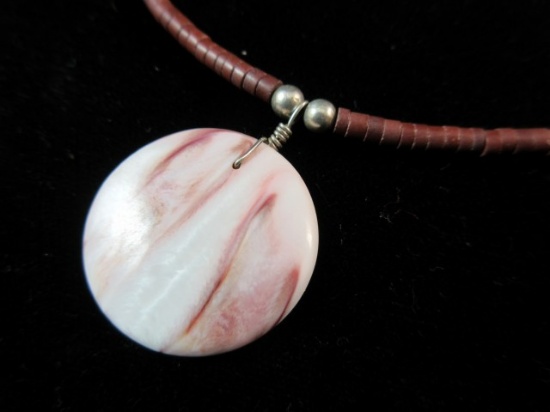 Sterling Silver Shell Pendant with Red Bead Accent Necklace